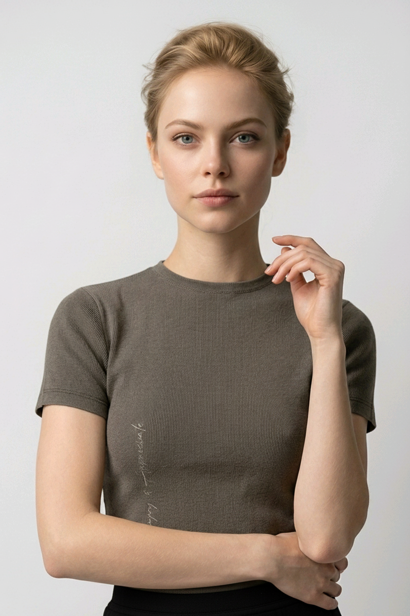 Woman wearing a green gray mock neck t-shirt against a plain background