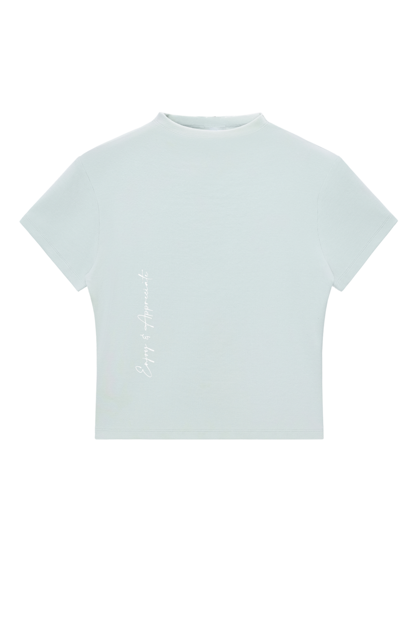 Light blue mock neck t-shirt on a white background