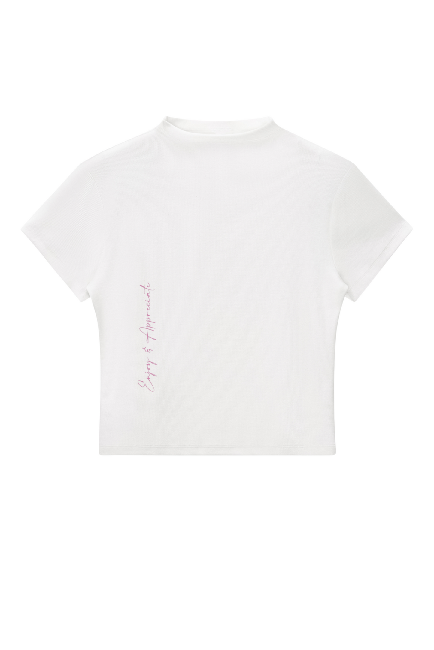 White mock neck t-shirt with pink text on a white background