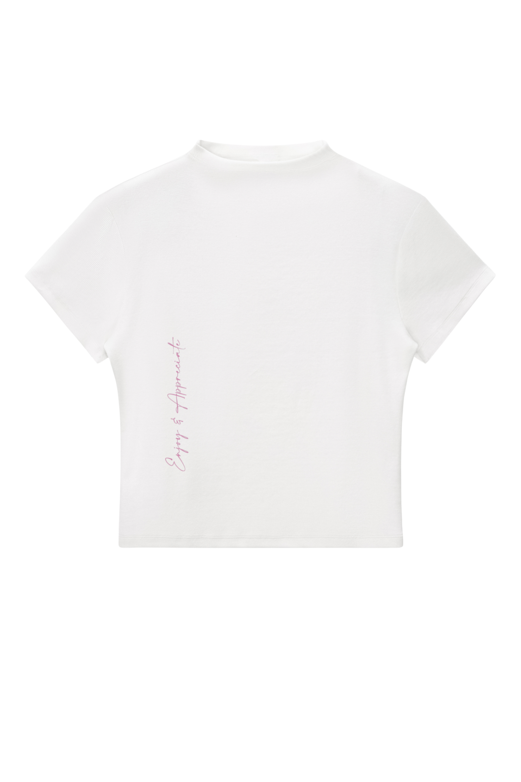 White mock neck t-shirt with pink text on a white background