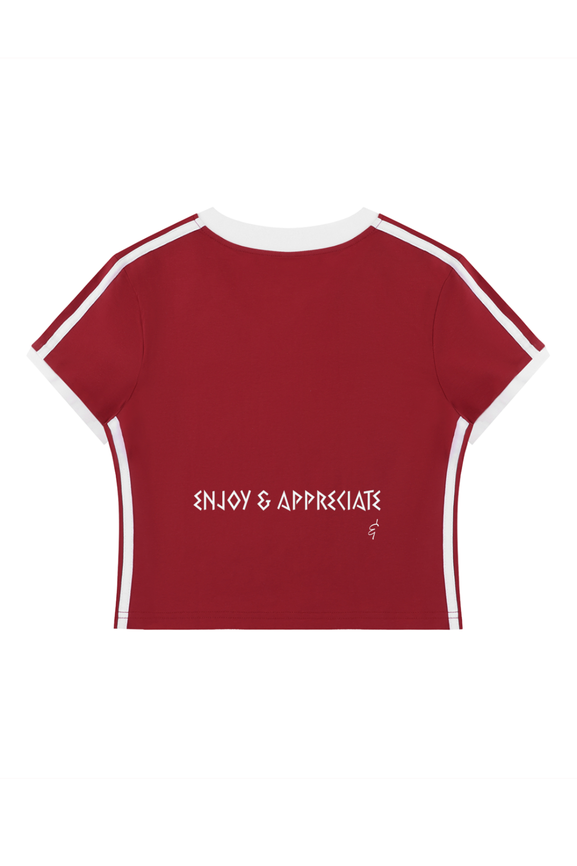 A short-sleeve crop top in deep red with white stripes along the shoulders and sides, and the text 'ENJOY & APPRECIATE' printed in white across the chest.