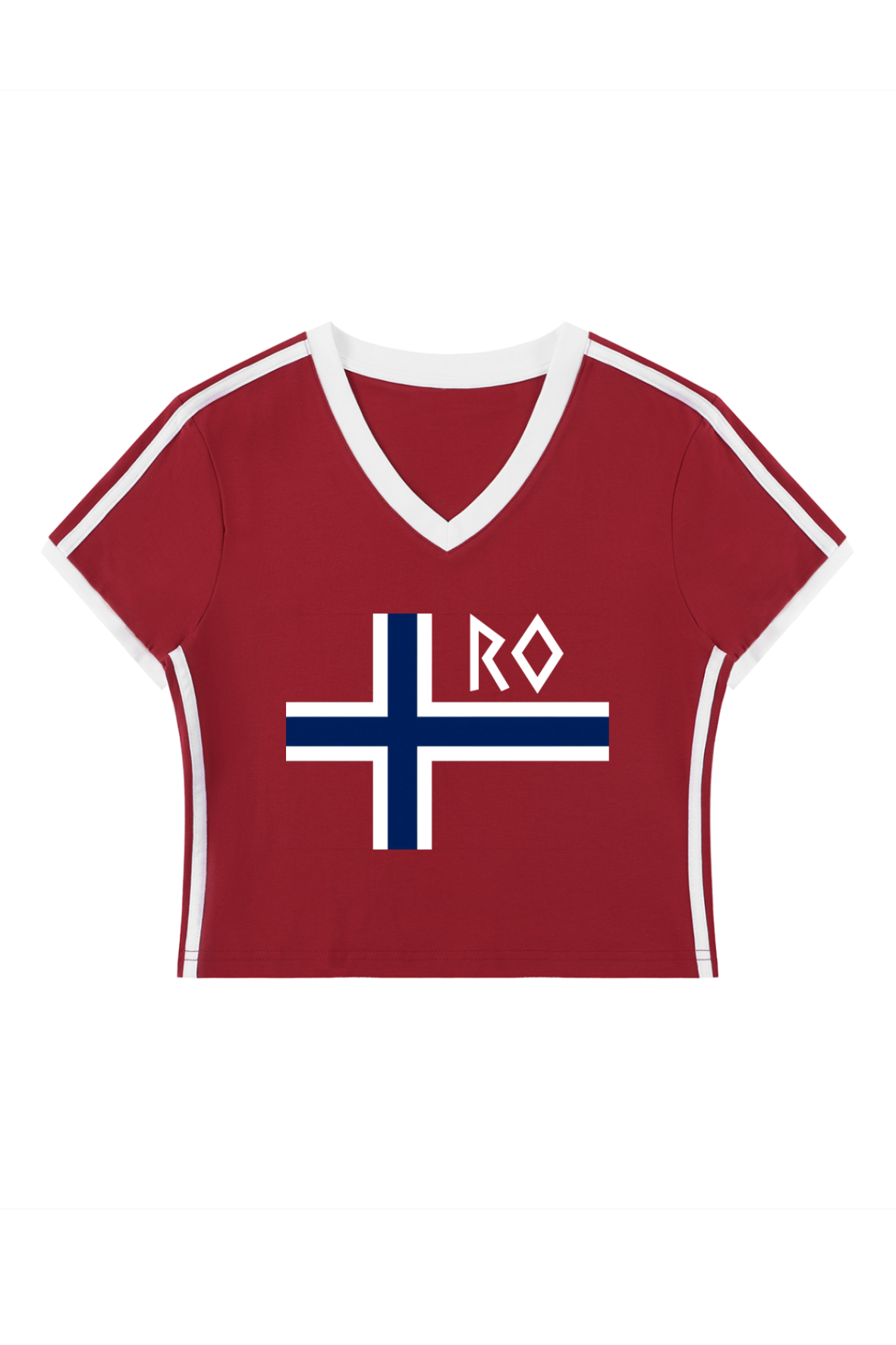 A short-sleeve cropped V-neck jersey in dark red with white trim, featuring a blue and white Norwegian flag graphic on the front with the letters 'RO' above it.