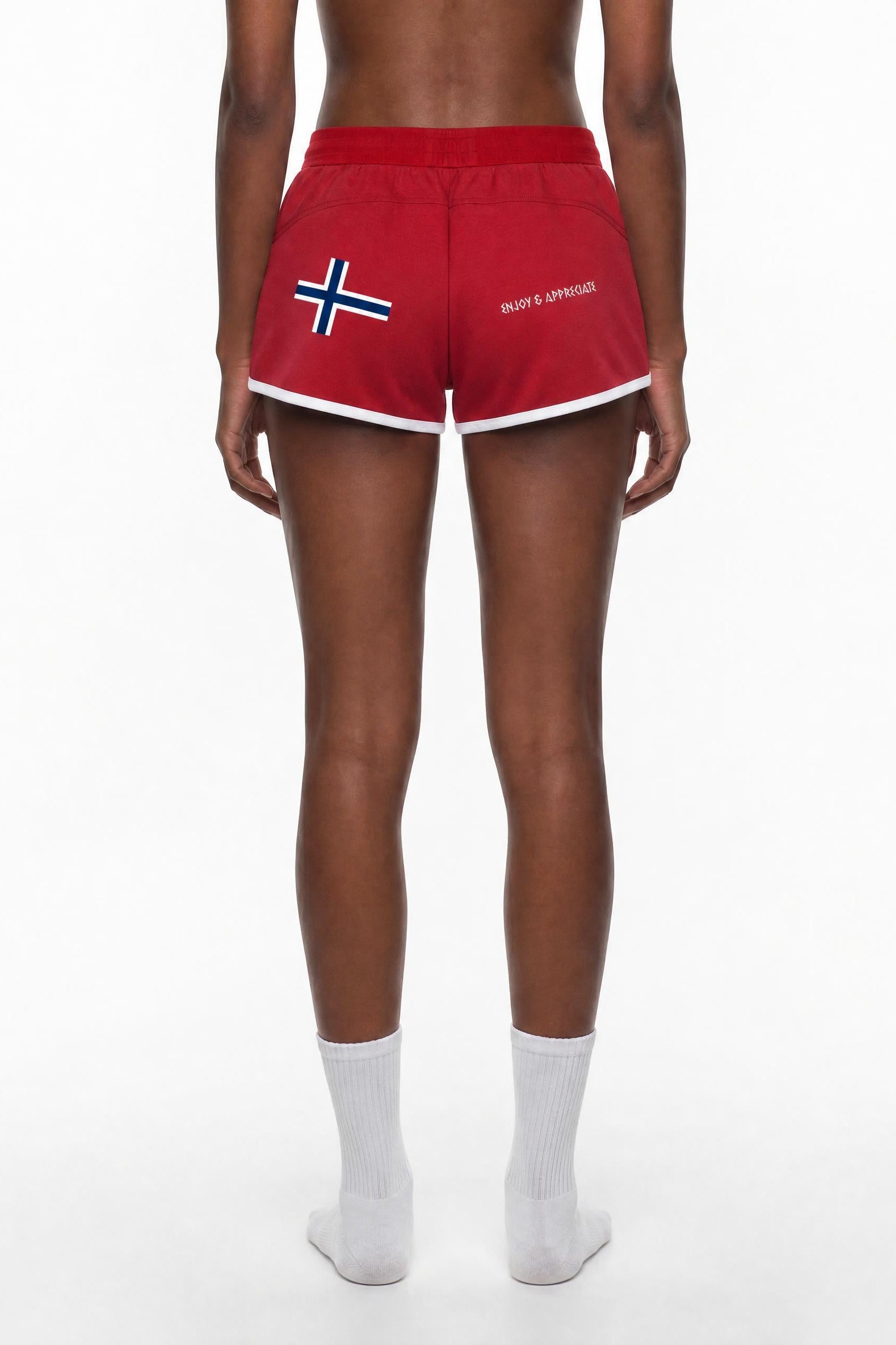Red athletic shorts with a white and blue Norwegian flag on the left side and white trim, shown on a model from the back against a white background.