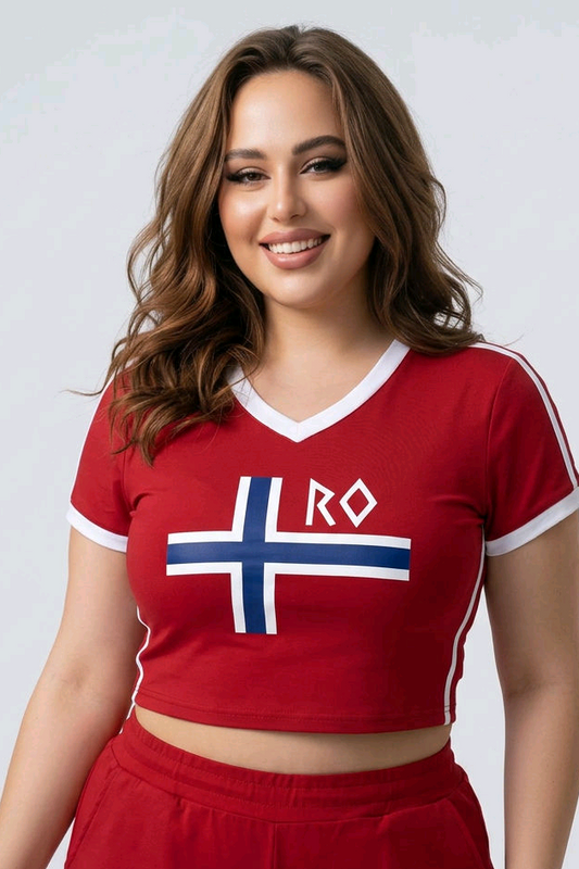 A woman modeling a red two-piece athletic set consisting of a cropped V-neck t-shirt and matching shorts. The shirt features a white and blue Nordic cross design with the letters 'RO' above it, and white trim on the sleeves and collar.