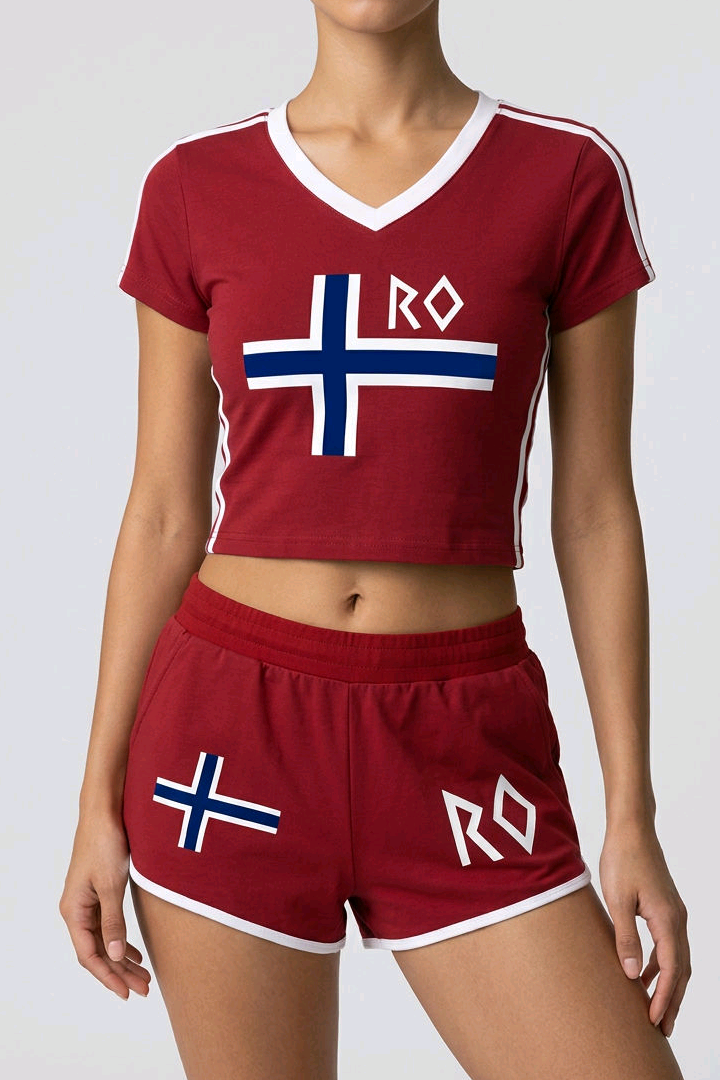 A model wearing a matching red crop top and shorts set with white and blue accents, featuring the Norwegian flag and 'RO' lettering, against a light gray background.