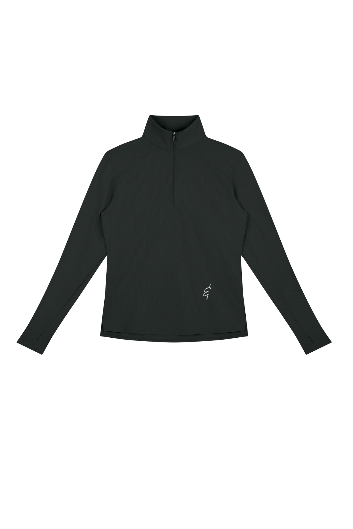 A black long-sleeve quarter-zip athletic pullover with a small white logo on the lower left chest, displayed on a solid white background.