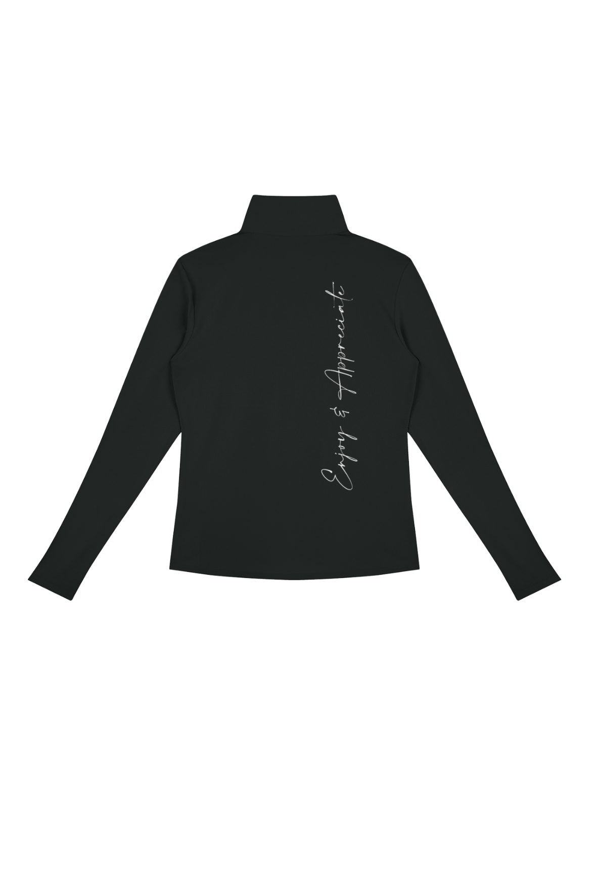 A black long-sleeve mock neck top with vertical white script text on the back, displayed against a solid white background.
