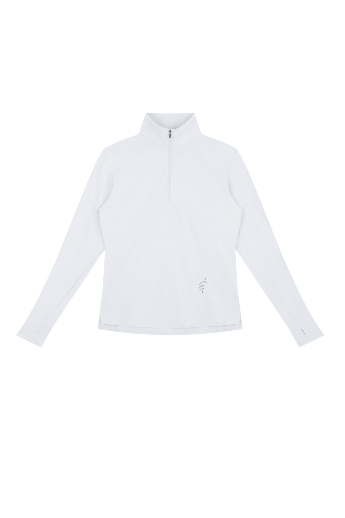 A white long-sleeve athletic half-zip pullover with a mock neck collar, shown flat against a solid white background.