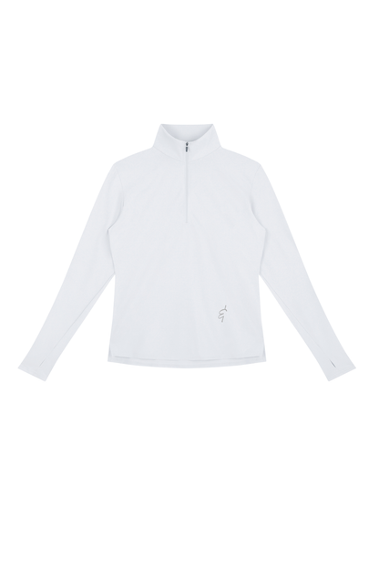 A white long-sleeve athletic half-zip pullover with a mock neck collar, shown flat against a solid white background.