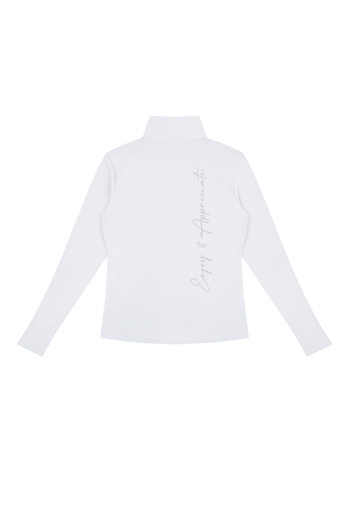 Quarter-Zip Active Pullover in white, back view, with vertical Enjoy & Appreciate script, by Lilliroa