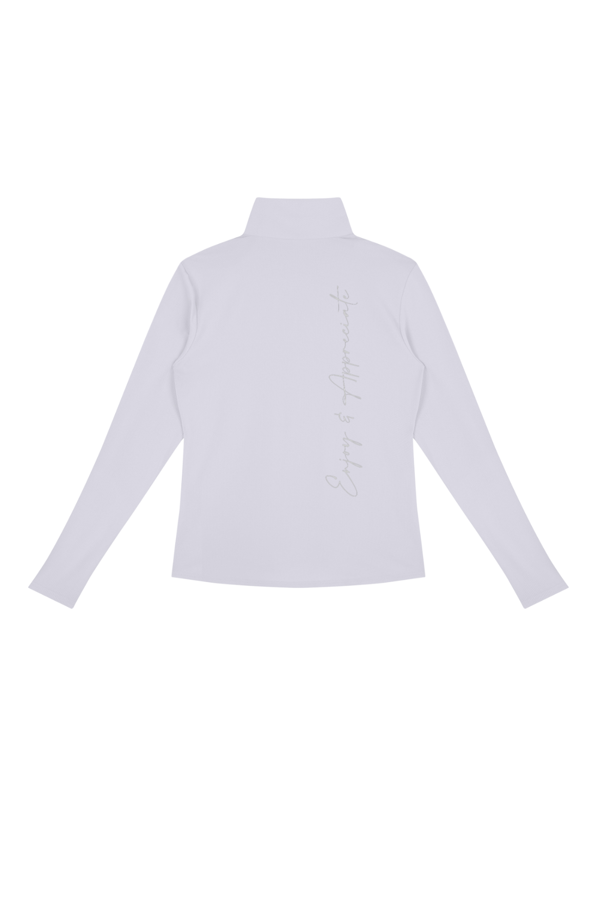 Quarter-Zip Active Pullover in light gray, back view, with vertical Enjoy & Appreciate script, by Lilliroa