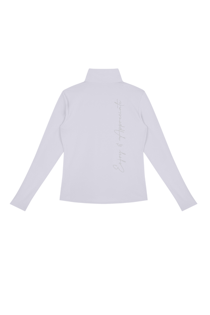 Quarter-Zip Active Pullover in light gray, back view, with vertical Enjoy & Appreciate script, by Lilliroa