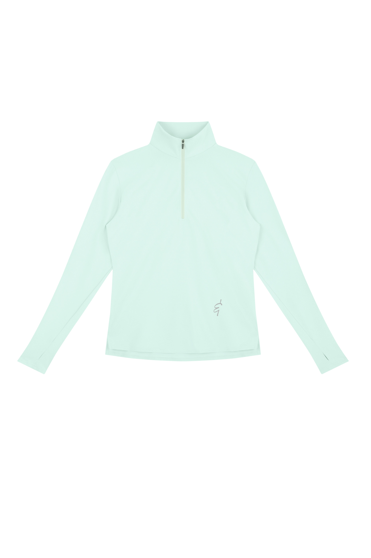 A light mint green long-sleeve quarter-zip athletic top, laid flat against a solid white background.