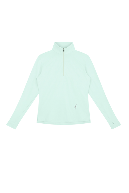 A light mint green long-sleeve quarter-zip athletic top, laid flat against a solid white background.