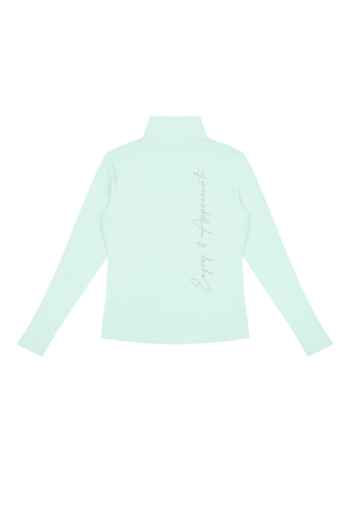 Quarter-Zip Active Pullover in light green, back view, with vertical Enjoy & Appreciate script, by Lilliroa
