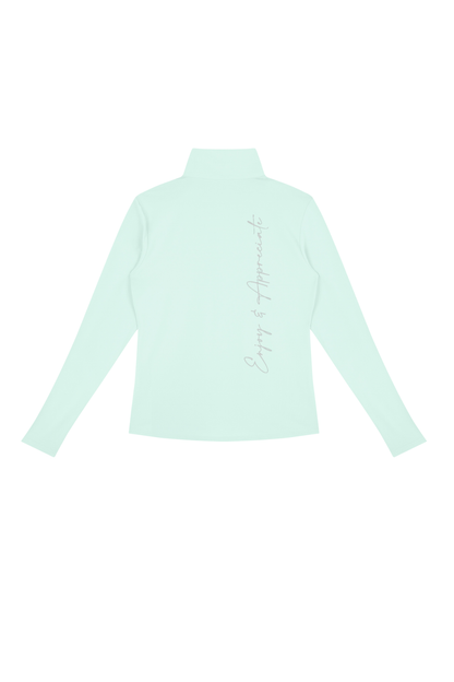 Quarter-Zip Active Pullover in light green, back view, with vertical Enjoy & Appreciate script, by Lilliroa