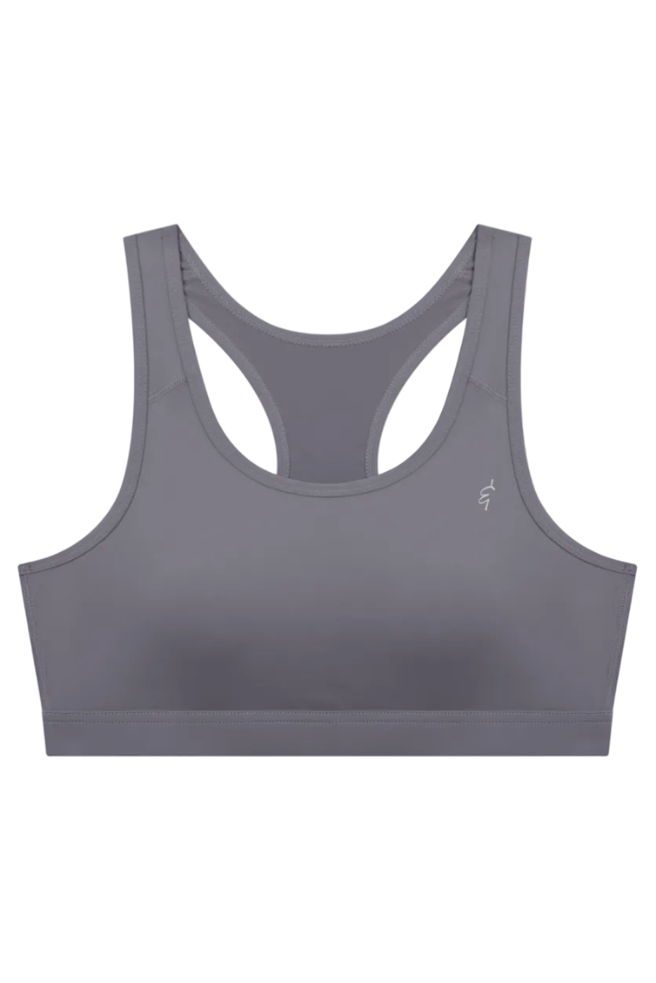 Gray racerback sports bra with sleek form-fitting design and subtle brand logo on upper right side for active use
