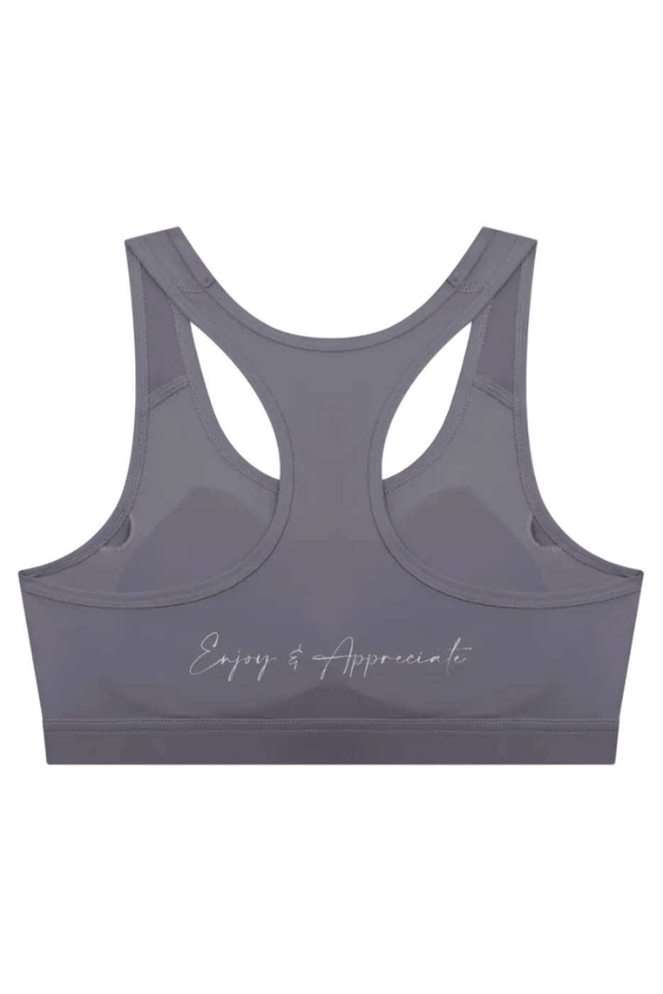 Gray racerback sports bra with silver script embroidery enjoy and appreciate across the front for activewear use