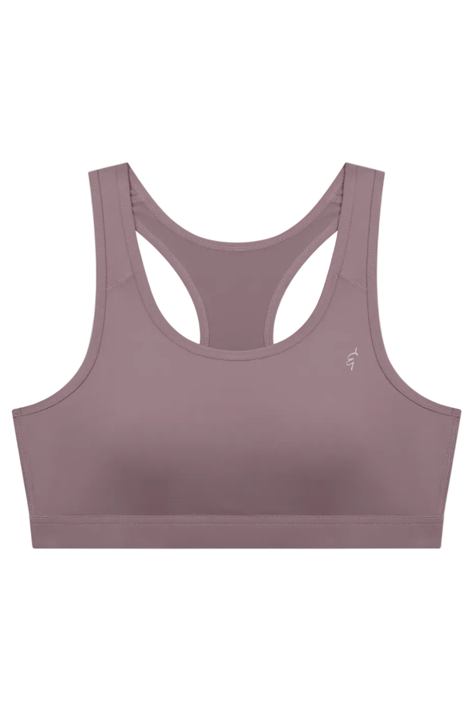 A mauve seamless racerback sports bra with a small embroidered logo on the upper right front side
