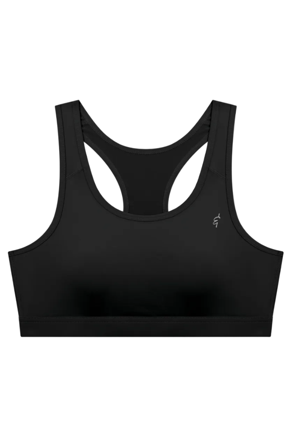 Black racerback sports bra with silver logo on upper right side designed for activewear and comfort