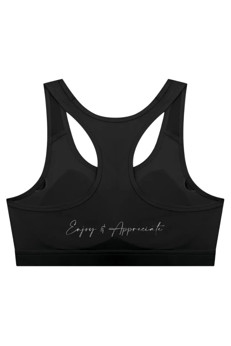 Black racerback sports bra with silver cursive embroidery enjoy and appreciate on the front for activewear use