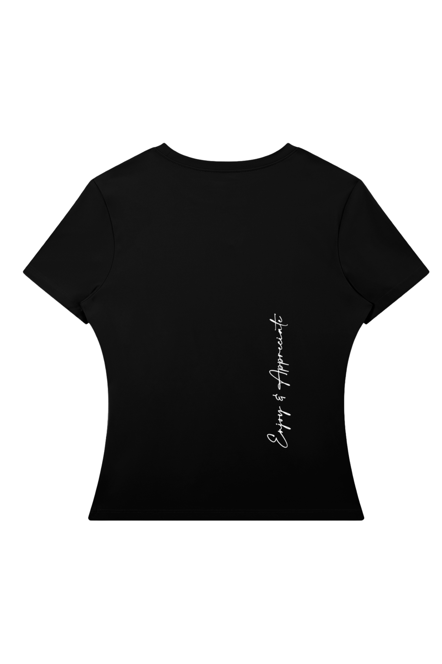 A black short-sleeve crop top with a small white vertical script print on the lower right side, displayed against a solid white background.