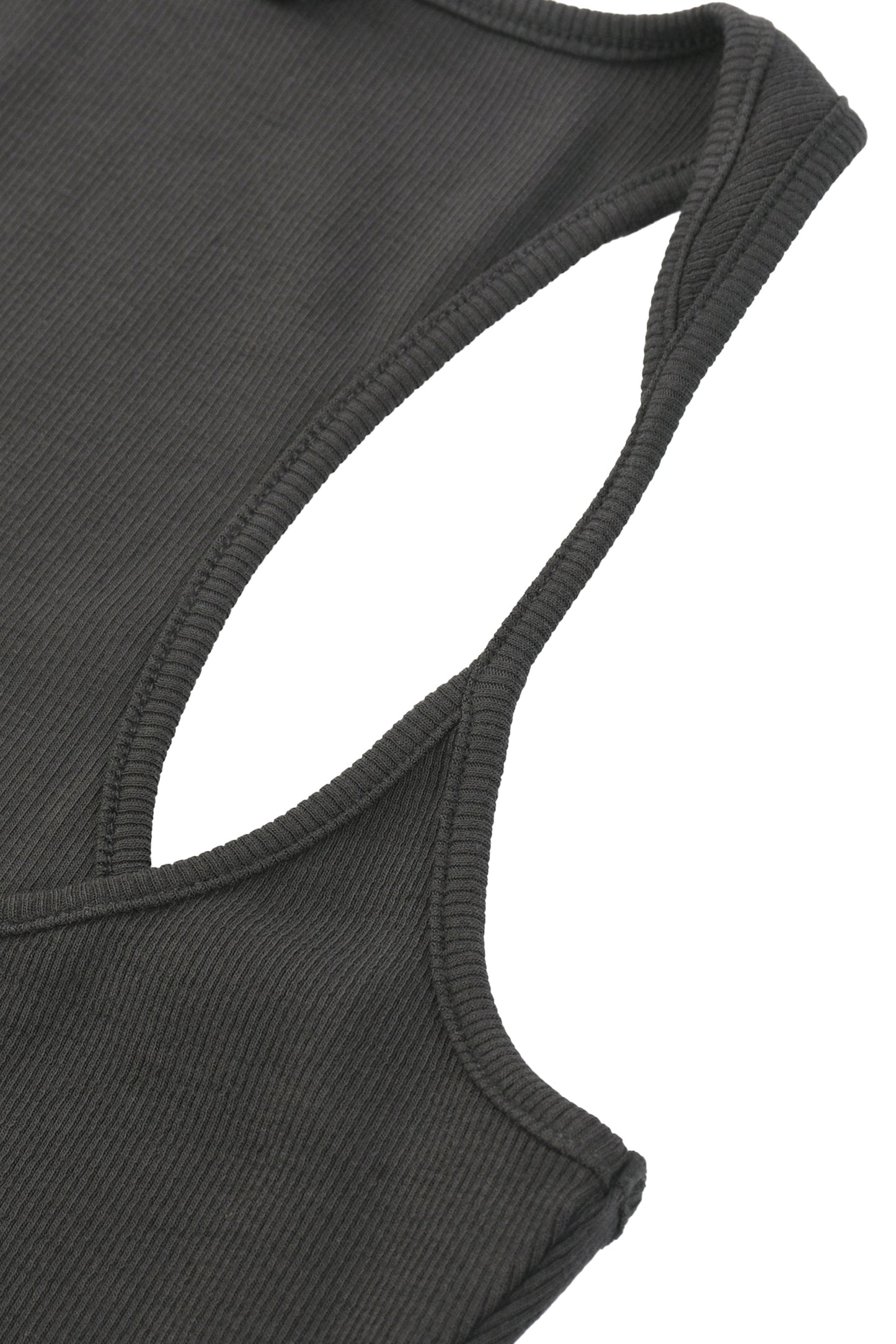 Dark gray ribbed knit sleeveless tank top with cutout neckline and racerback design for casual wear