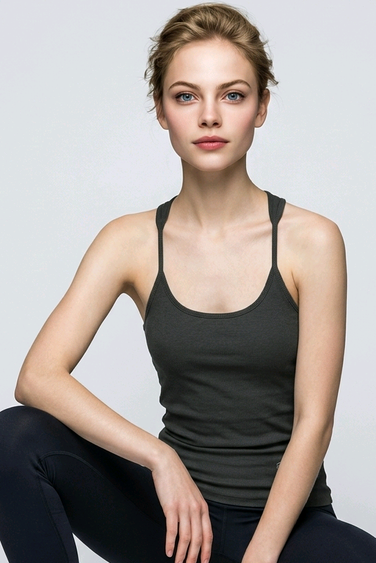 A sleek dark gray ribbed tank top with thin straps and racerback detail for casual wear