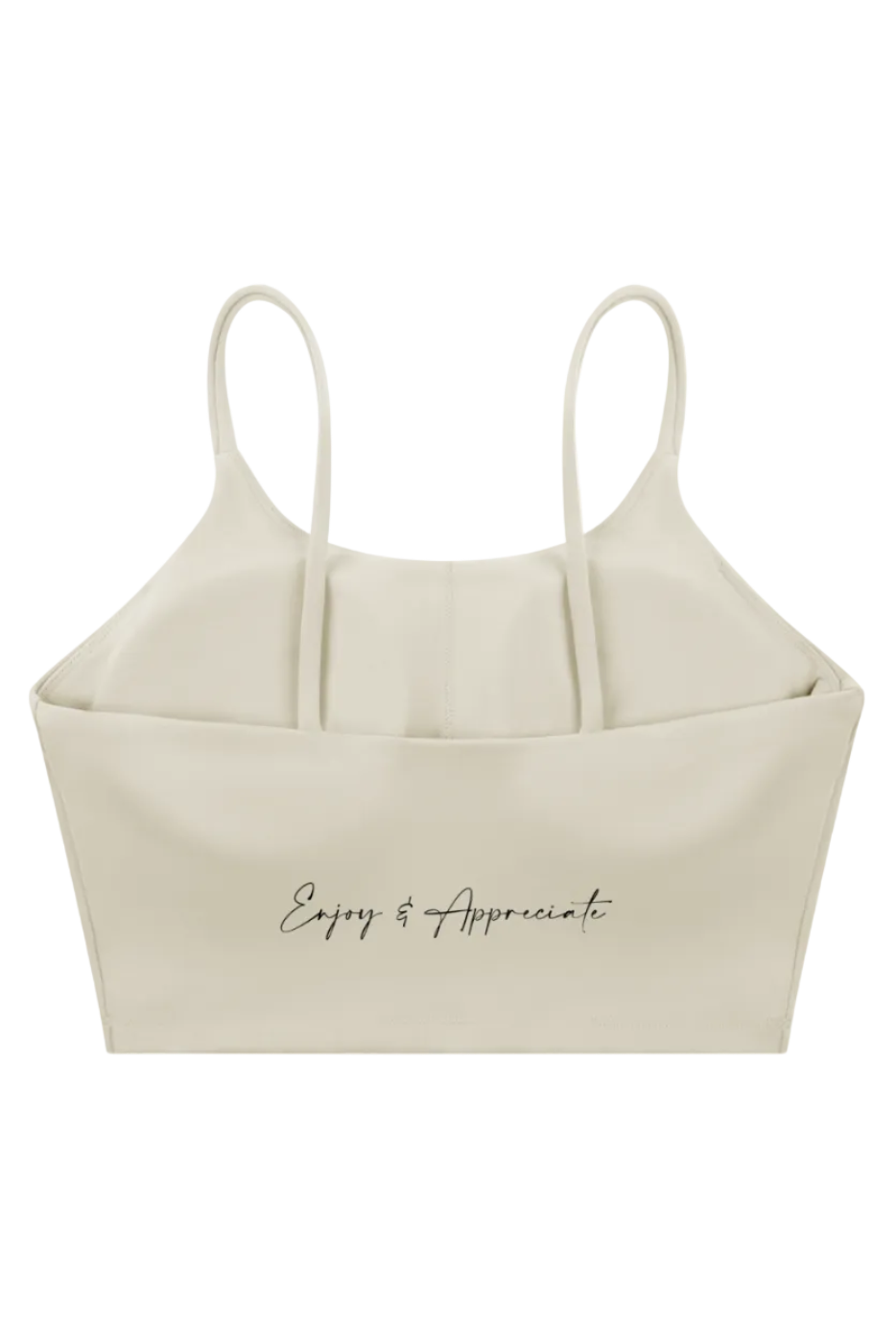 Cream-colored minimalist sports bra with spaghetti straps and soft fabric finish for comfortable support