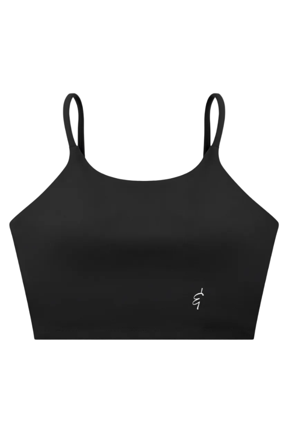 Black cropped sports bra with thin adjustable spaghetti straps and white embroidered logo on the lower left side