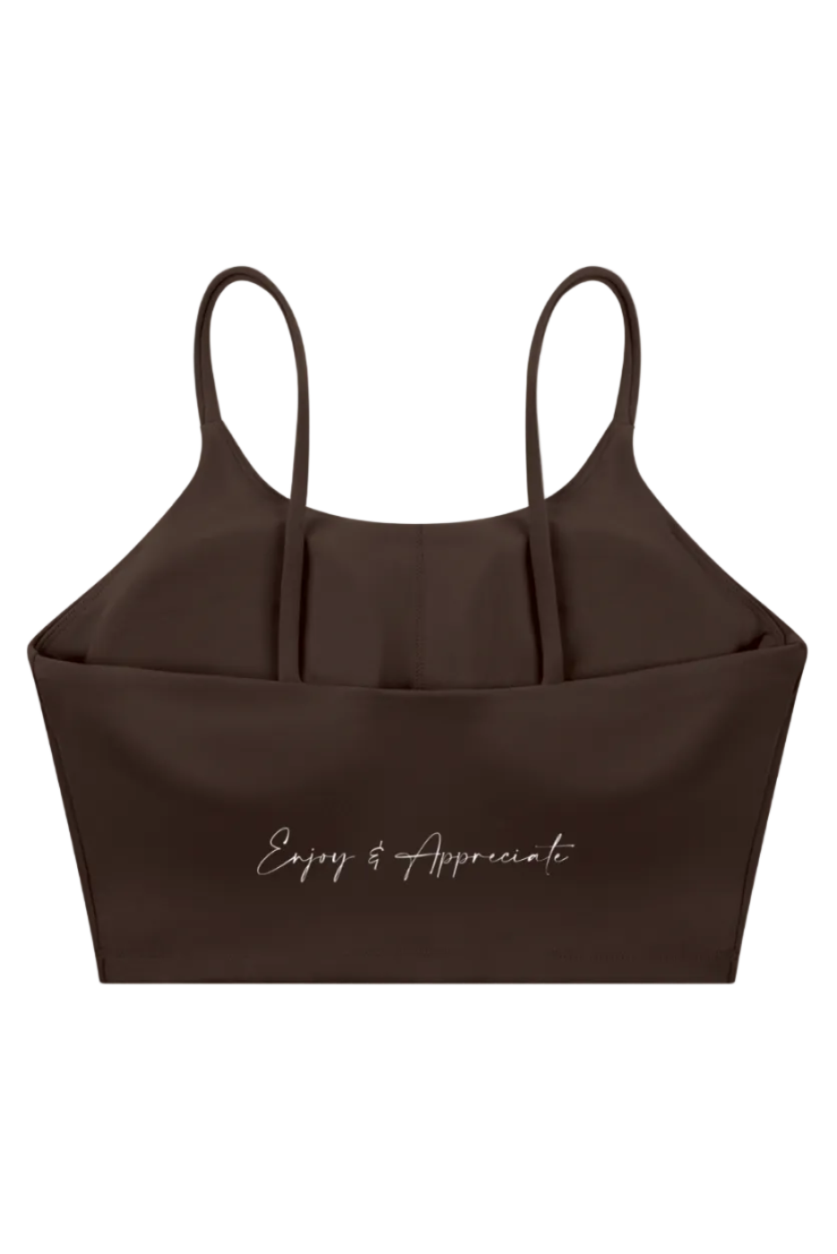 Brown cropped sports bra with thin spaghetti straps and subtle white enjoy and appreciate script on the front