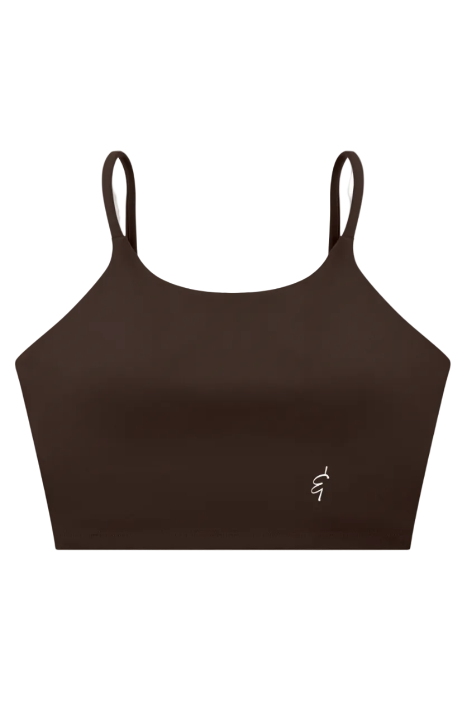 A sleek dark brown cropped sports bra with thin adjustable spaghetti straps and a subtle white embroidered logo