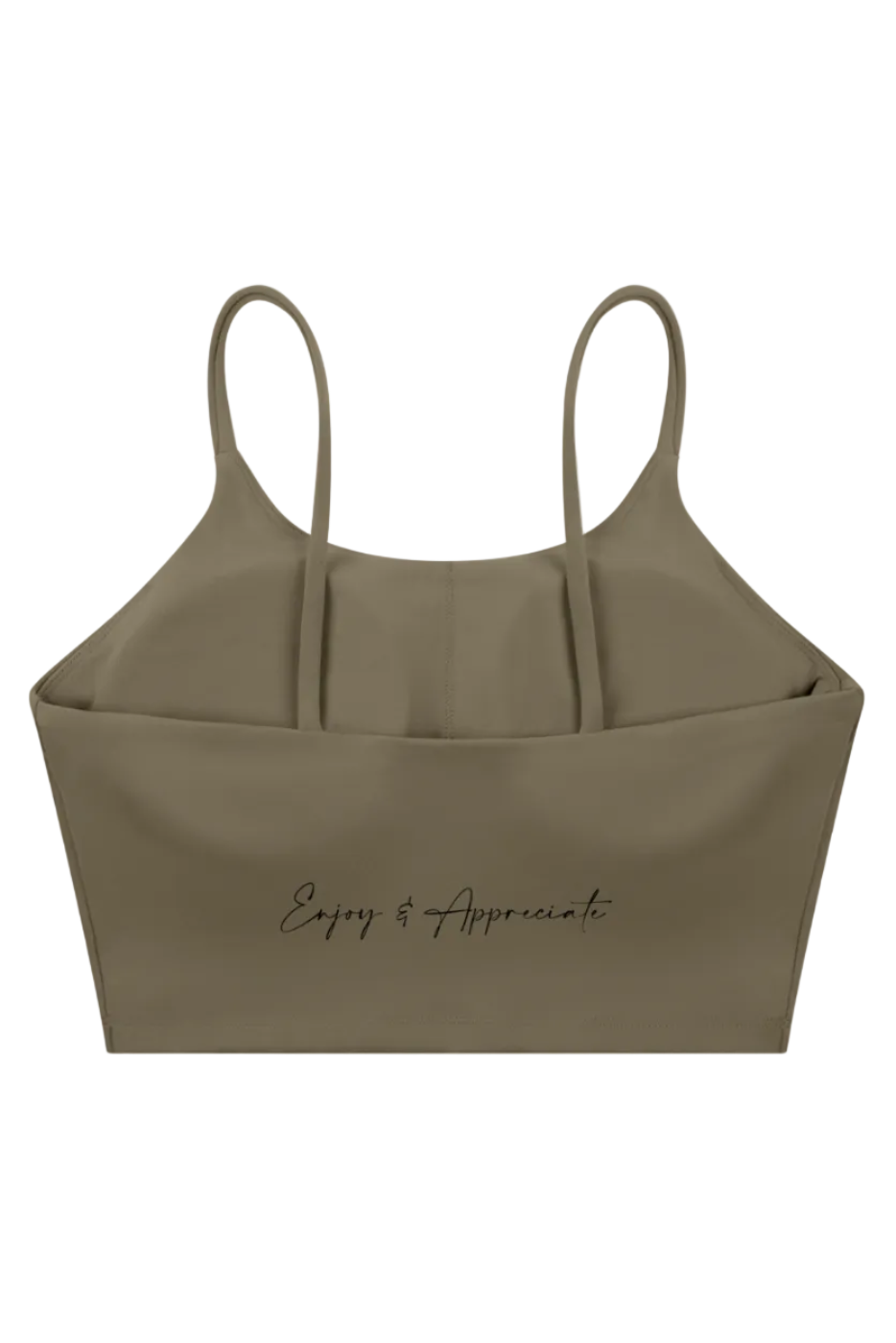 Taupe seamless sports bra with thin adjustable spaghetti straps and enjoy and appreciate script embroidery on front