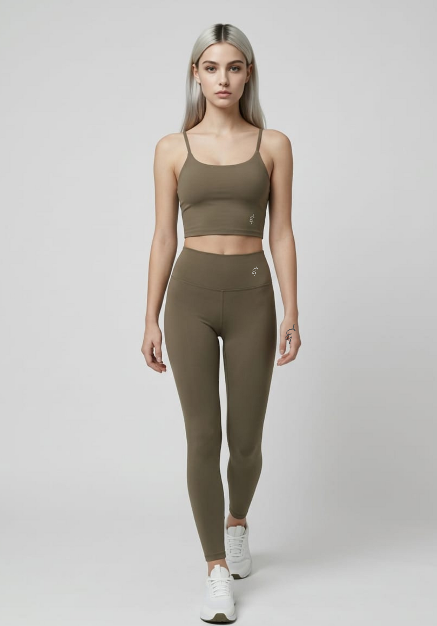 Olive green seamless athletic two-piece set featuring a sports bra with spaghetti straps for workout comfort