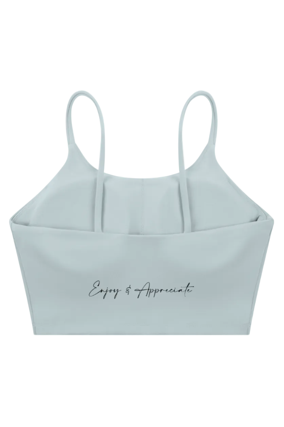 Light blue minimalist sports bra with spaghetti straps and subtle enjoy and appreciate script across the front