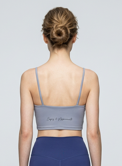 Gray sports bra with spaghetti straps showing the back with enjoy and appreciate black script embroidery