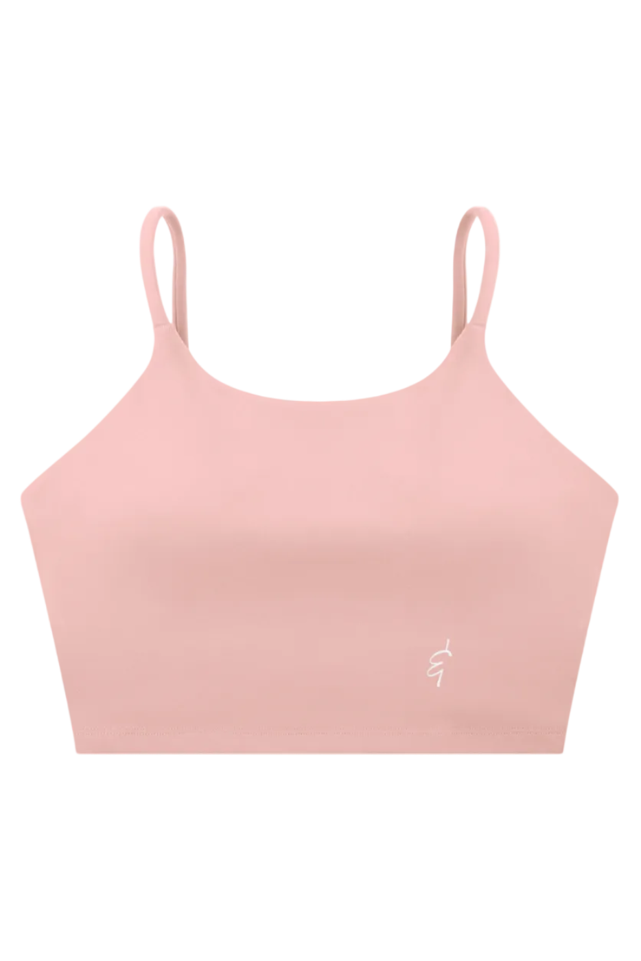 A soft pink seamless sports bra with thin adjustable spaghetti straps and a subtle white logo on the lower right side