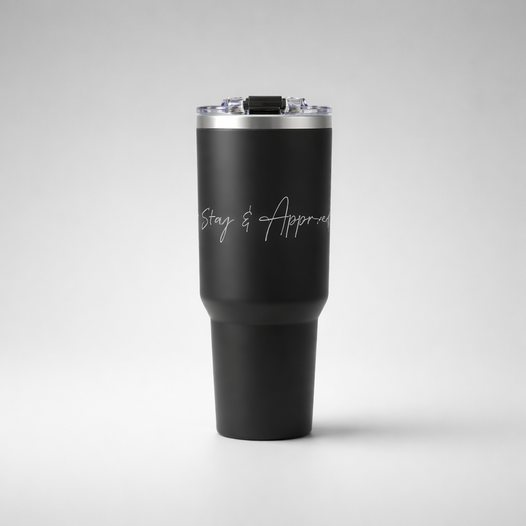 Black insulated sports mug with silver lid and stay and appreciate engraved in white cursive for everyday use
