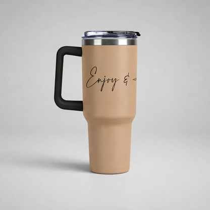 Sports Mug to Enjoy & Appreciate in camel, side view, with black handle, silver rim and Enjoy & Appreciate script, by Lilliroa