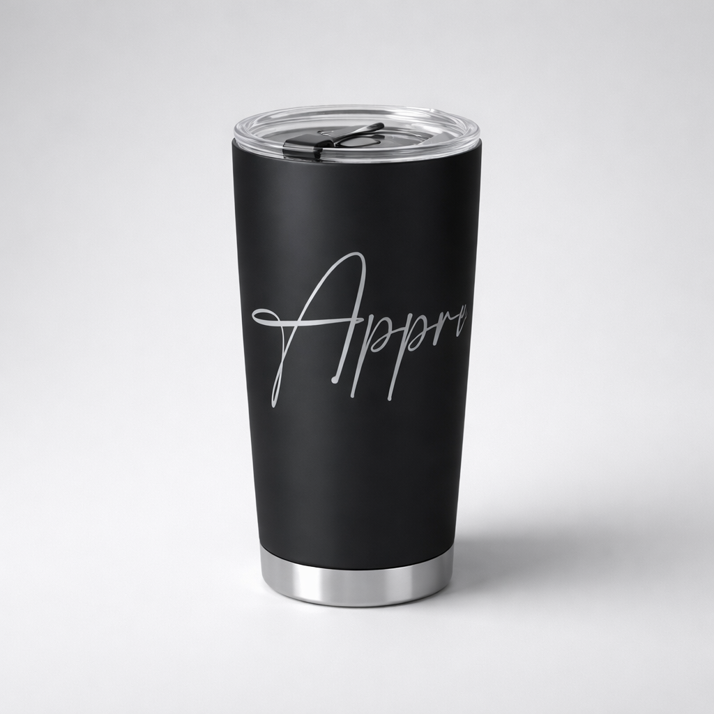 Black tall insulated tumbler with silver base and clear lid featuring appro in white cursive script