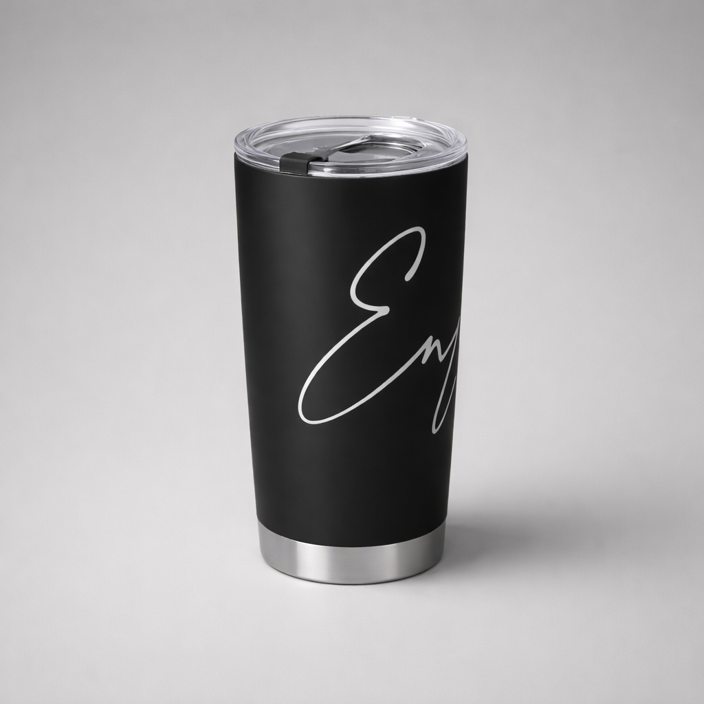 Black insulated tall tumbler with silver base and clear lid featuring elegant white cursive lettering