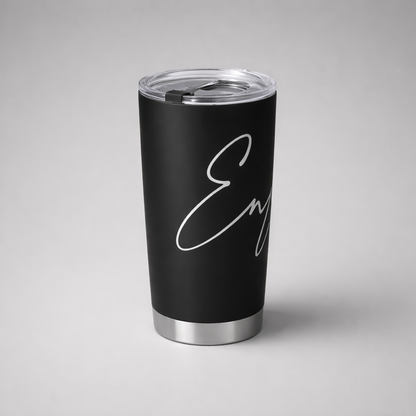 Black insulated tall tumbler with silver base and clear lid featuring elegant white cursive lettering