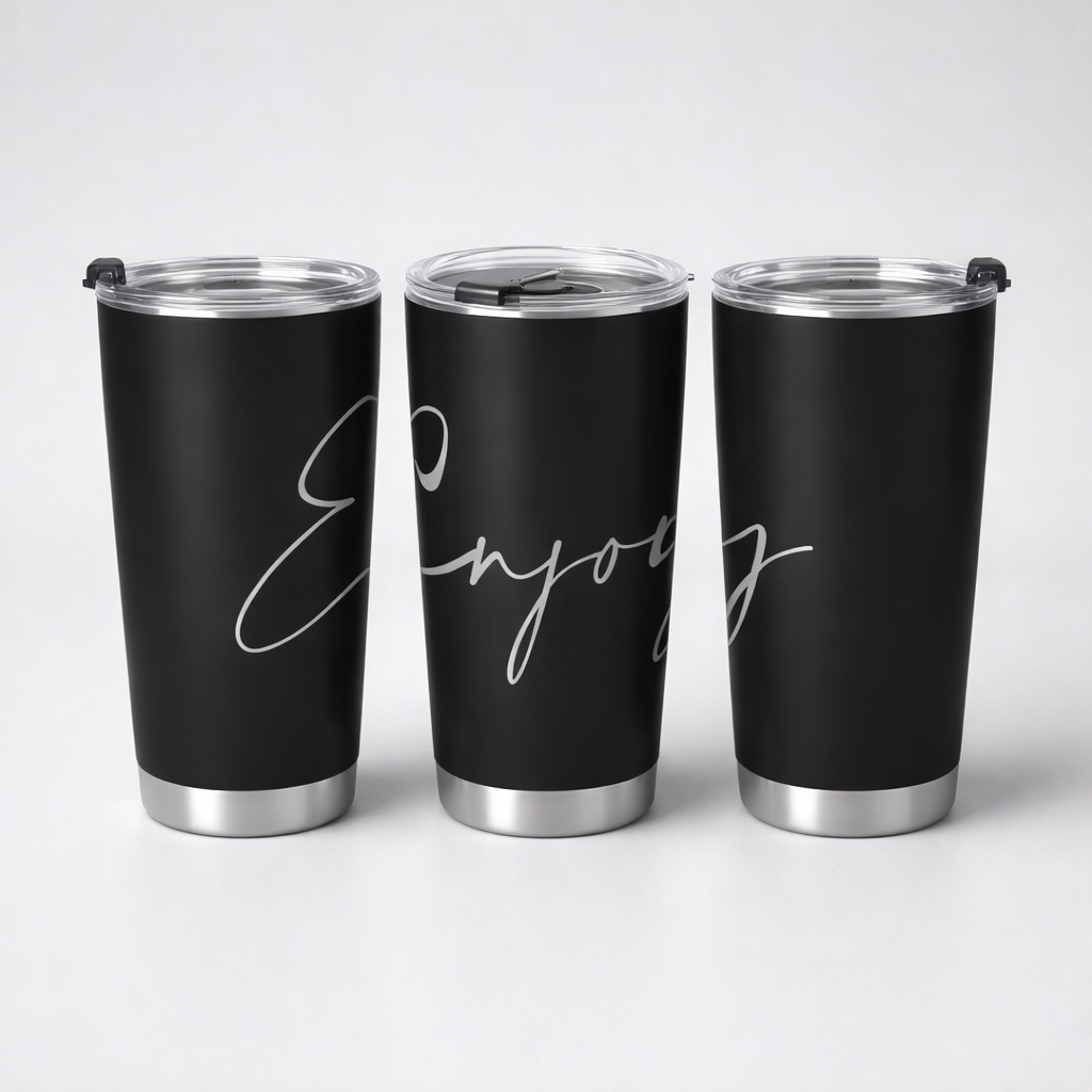 Black stainless steel tall insulated tumbler with silver enjoy lettering and clear lid for hot and cold drinks