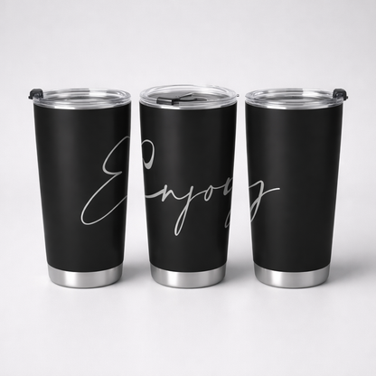 Black stainless steel tall insulated tumbler with silver enjoy lettering and clear lid for hot and cold drinks