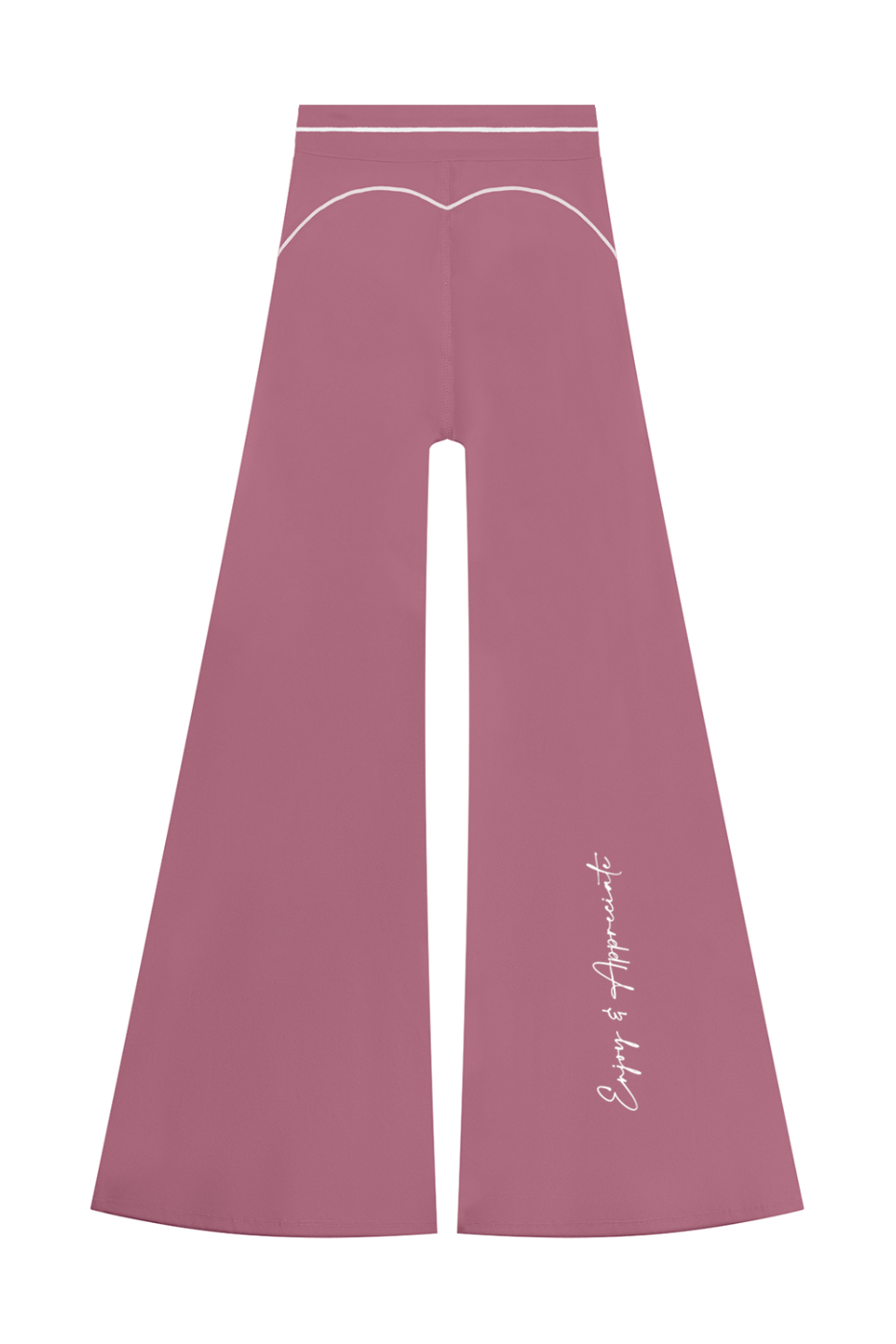 A pair of dusty rose wide-leg pants with white contrast stitching, featuring a curved white line detail near the waistband and white script text on the lower left leg, displayed on a solid white background.