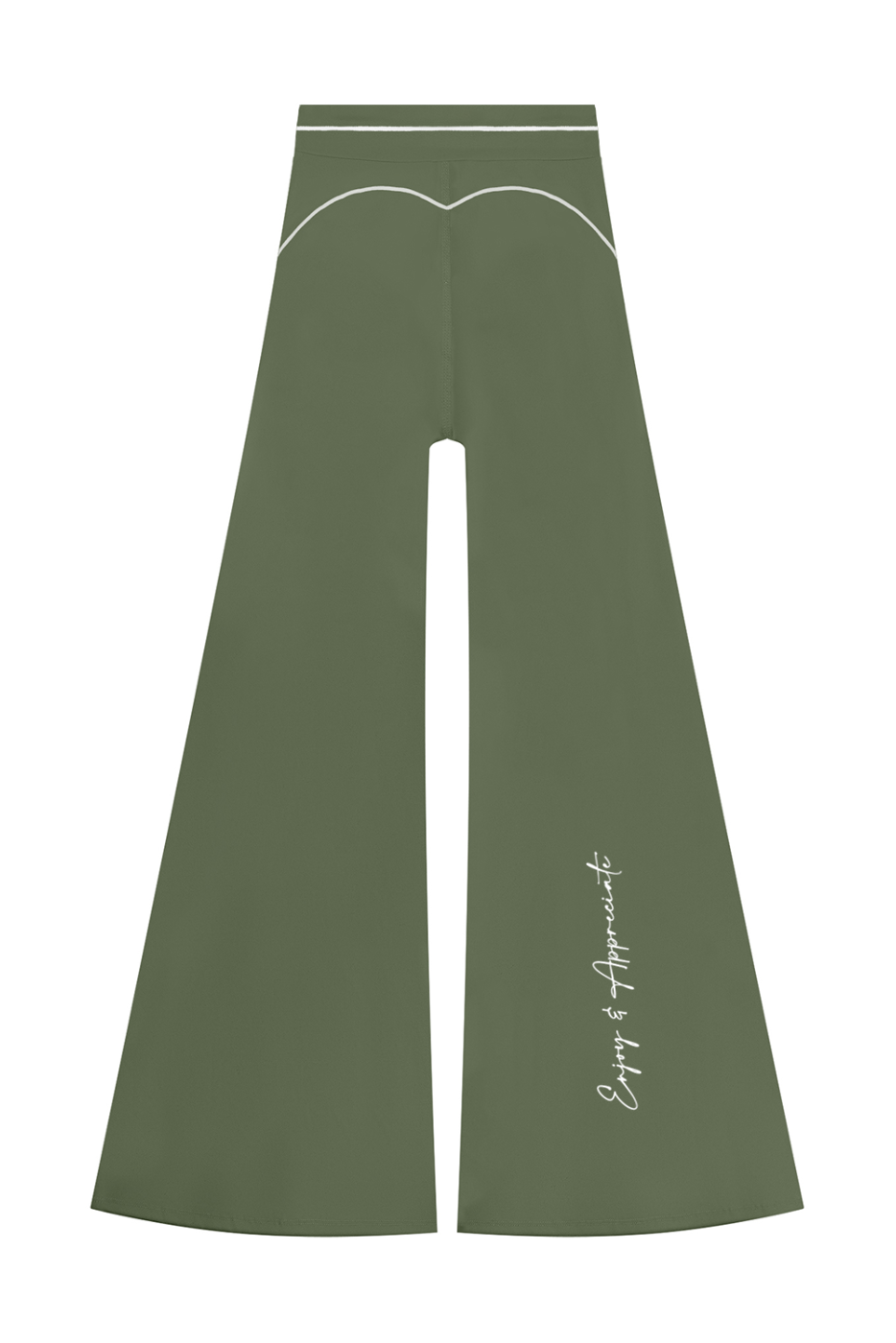 Olive green wide-leg flare pants with white contrast stitching, a decorative curved line near the waistband, and white script text on the lower left leg, shown against a plain white background.