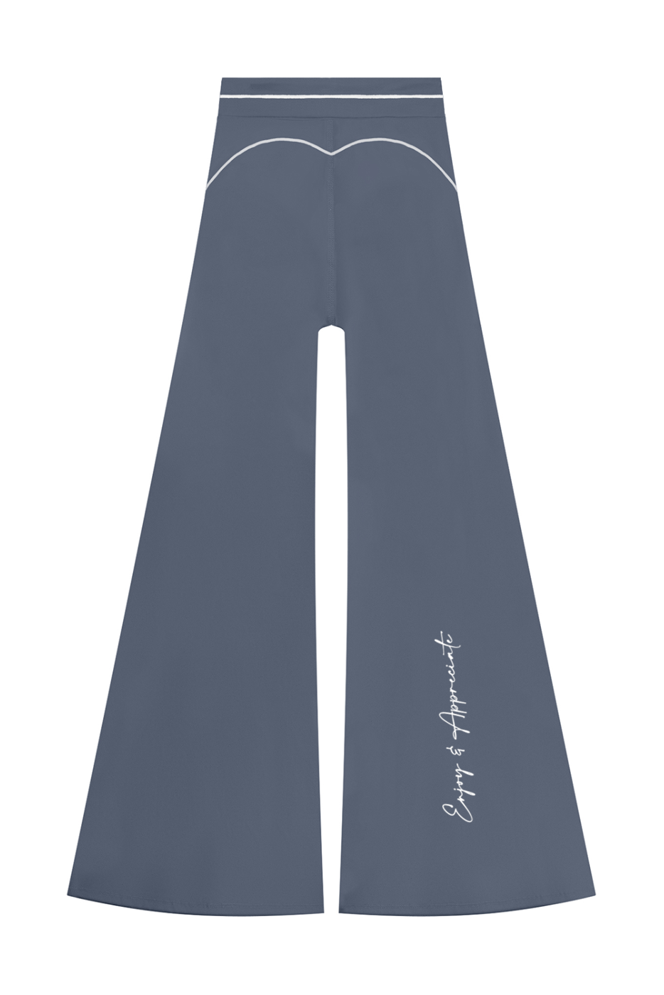 High Rise Flared Topstitching Pants in haze blue with white contrast stitching, by Lilliroa