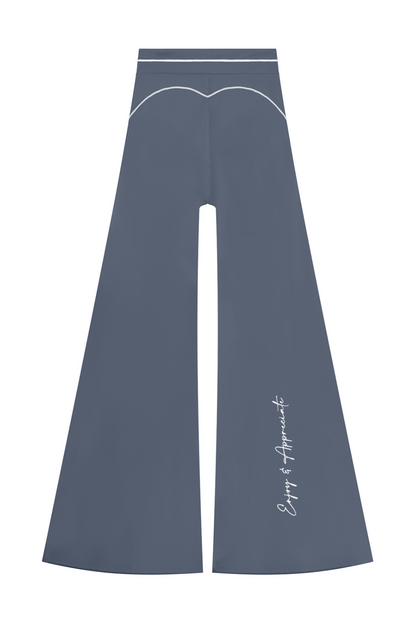 High Rise Flared Topstitching Pants in haze blue with white contrast stitching, by Lilliroa
