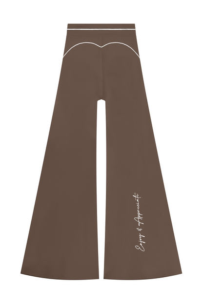 High Rise Flared Topstitching Pants in coffee with white contrast stitching, by Lilliroa