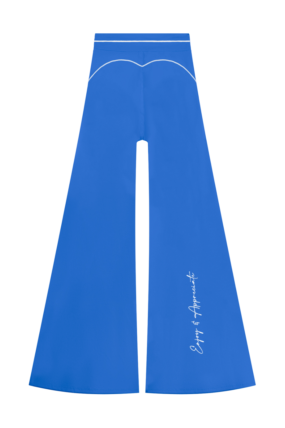High Rise Flared Topstitching Pants in royal blue with white contrast stitching, curved waist seam and Enjoy & Appreciate script on the lower leg, by Lilliroa